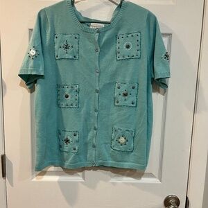Vintage CJ Banks XL Button Down Short Sleeve Knit Blue Turquoise D05